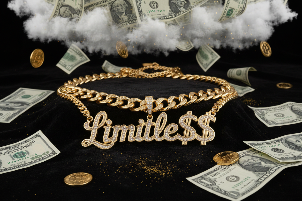 limitle$$ on a gold chain with dollars around it